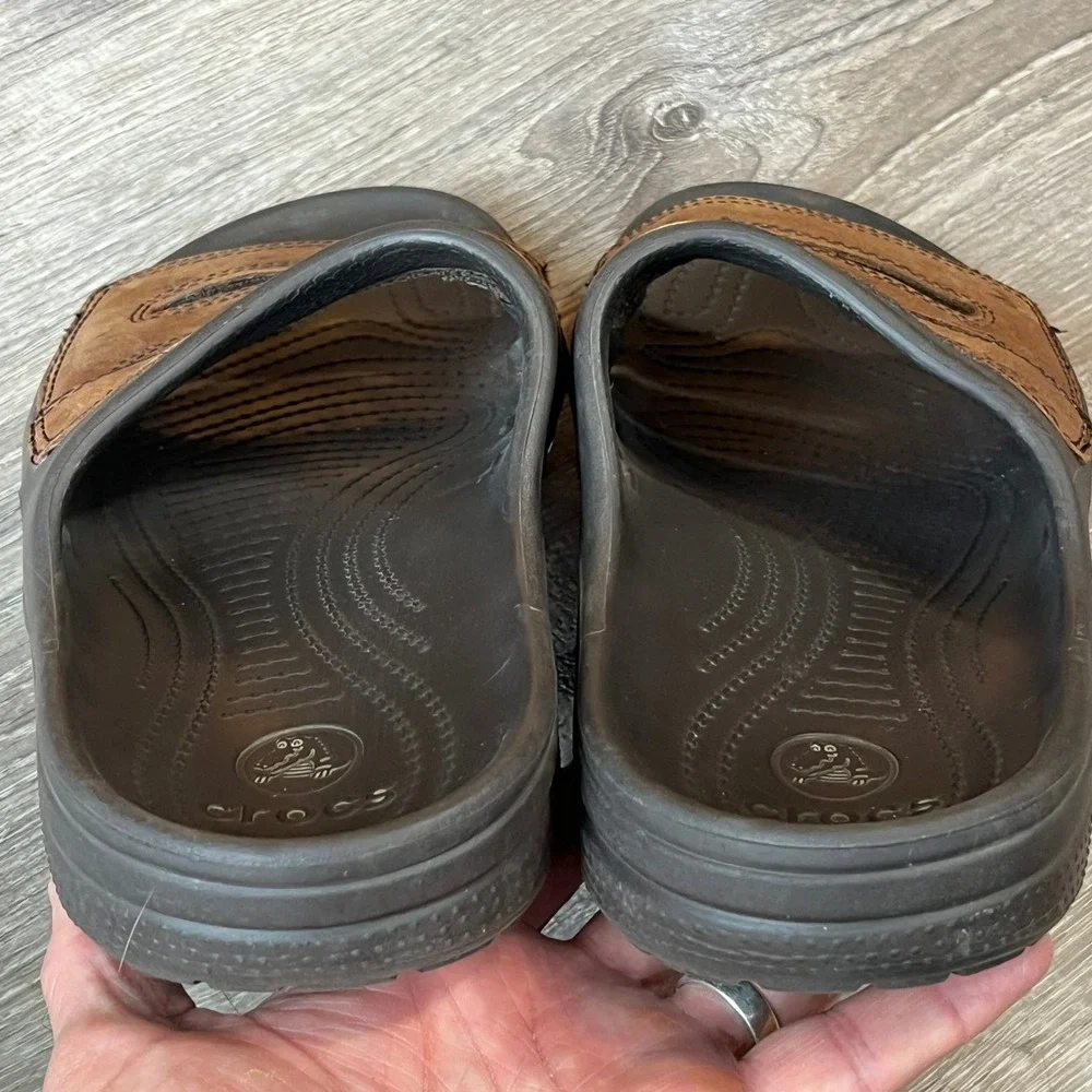 Crocs Yukon Slide Sandals Mens 13 Brown Leather Espresso Croslite Slip On Shoes
